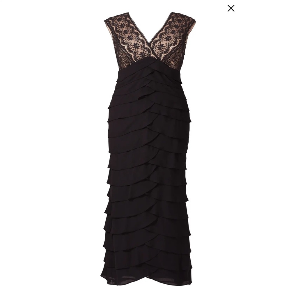 ADRIANNA PAPELL Black Cap Sleeve, Tiered, Lace Bodice, long Evening Dress; 14